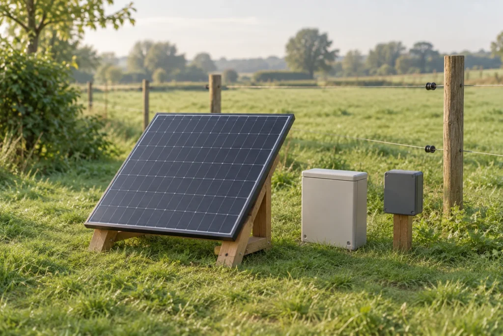 Solarmodul auf einer Holzstütze neben zwei geschlossenen Gehäusen im Gras, mit einem Zaun im Hintergrund.