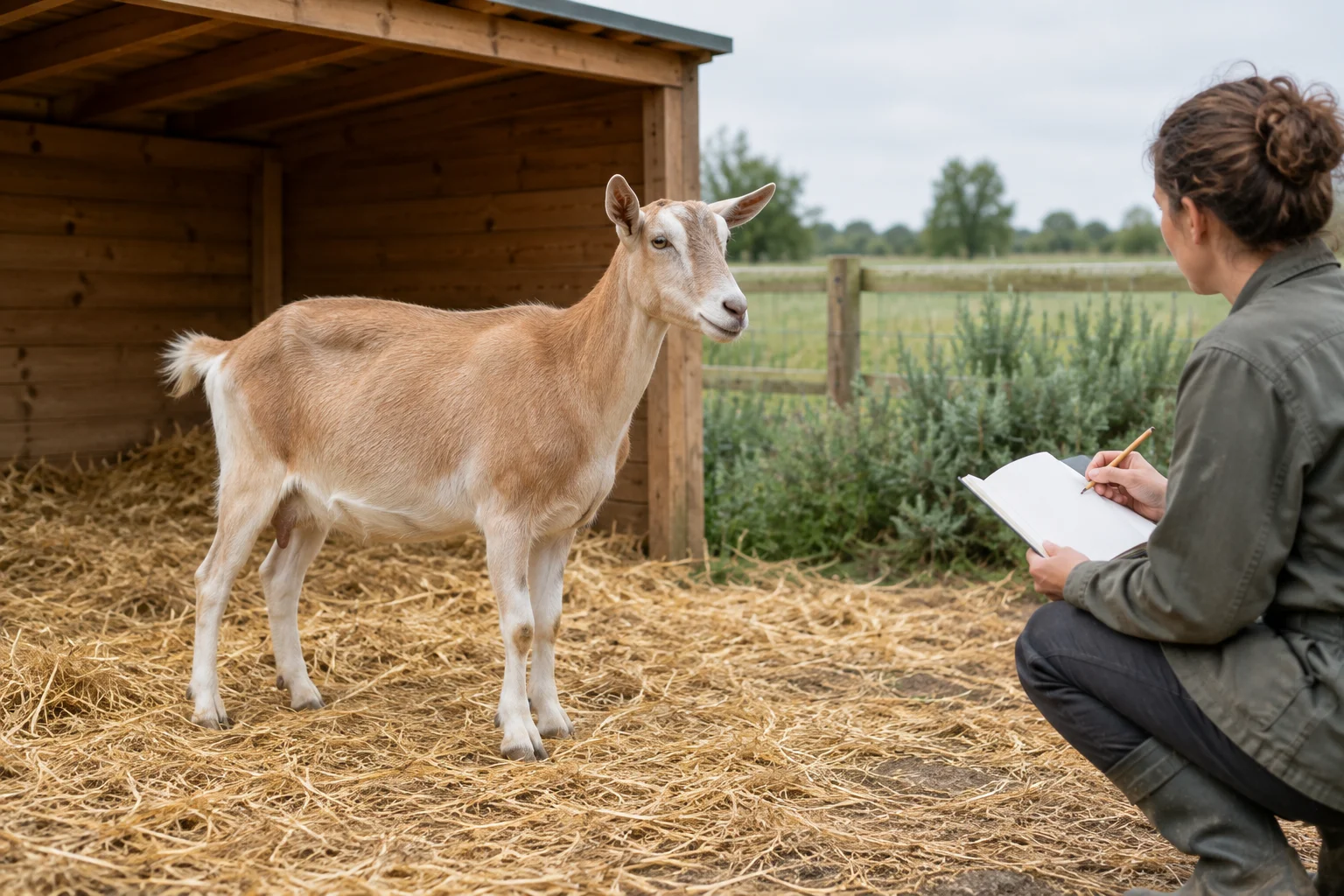 Eine hellbraune Ziege steht auf Stroh neben einem Unterstand aus Holz, während eine Person mit einem leeren Notizbuch zu ihr schaut.