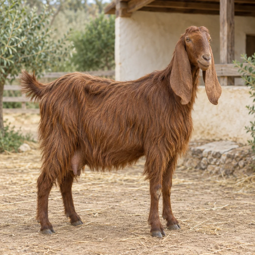 Eine rotbraune, langhaarige Ziege mit langen Hängeohren steht auf einem Hof bei einem hellen Stall; alle vier Hufe sind zu sehen.