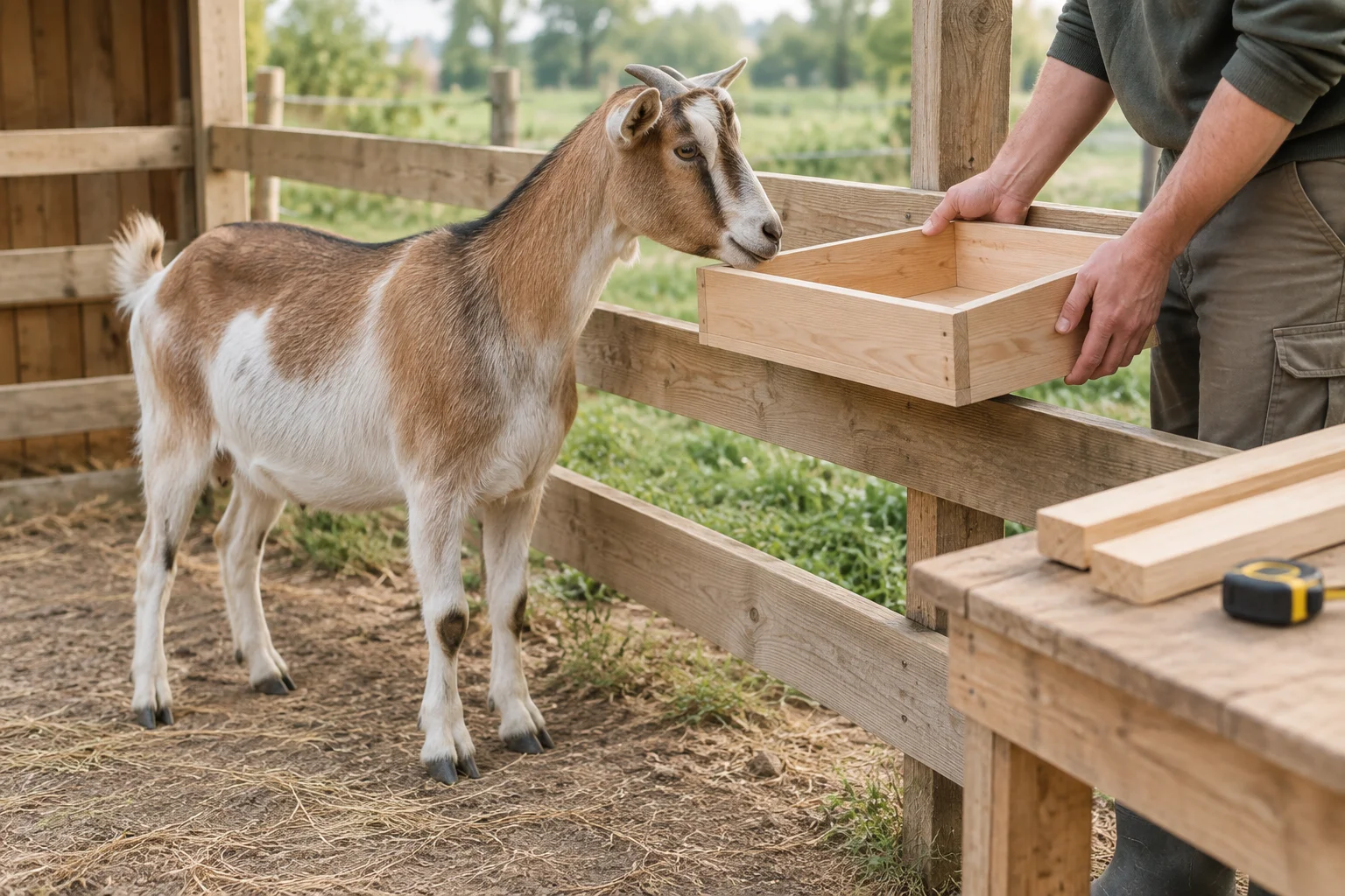 Eine Ziege steht an einem Holzzaun, während jemand einen leeren Futtertrog aus Holz in Reichweite hält. Auf einer Werkbank liegen Bretter und ein aufgerolltes Maßband.
