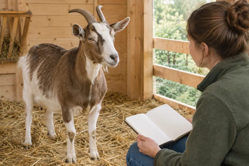 Eine Ziege steht auf Stroh in einem Holzstall, während eine Person mit einem leeren Notizbuch das Tier betrachtet.