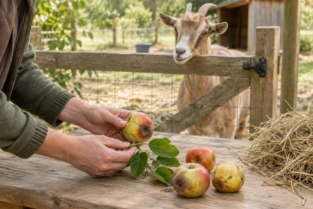 Hände betrachten einen Apfel und Blätter auf einem Holztisch mit weiteren Äpfeln und Heu. Hinter einem Zaun steht eine Ziege.
