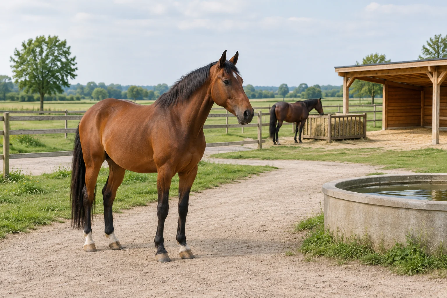 Braunes Pferd auf einem Weg neben einem Wasserbehälter, im Hintergrund ein zweites Pferd am Heu und ein offener Unterstand aus Holz.
