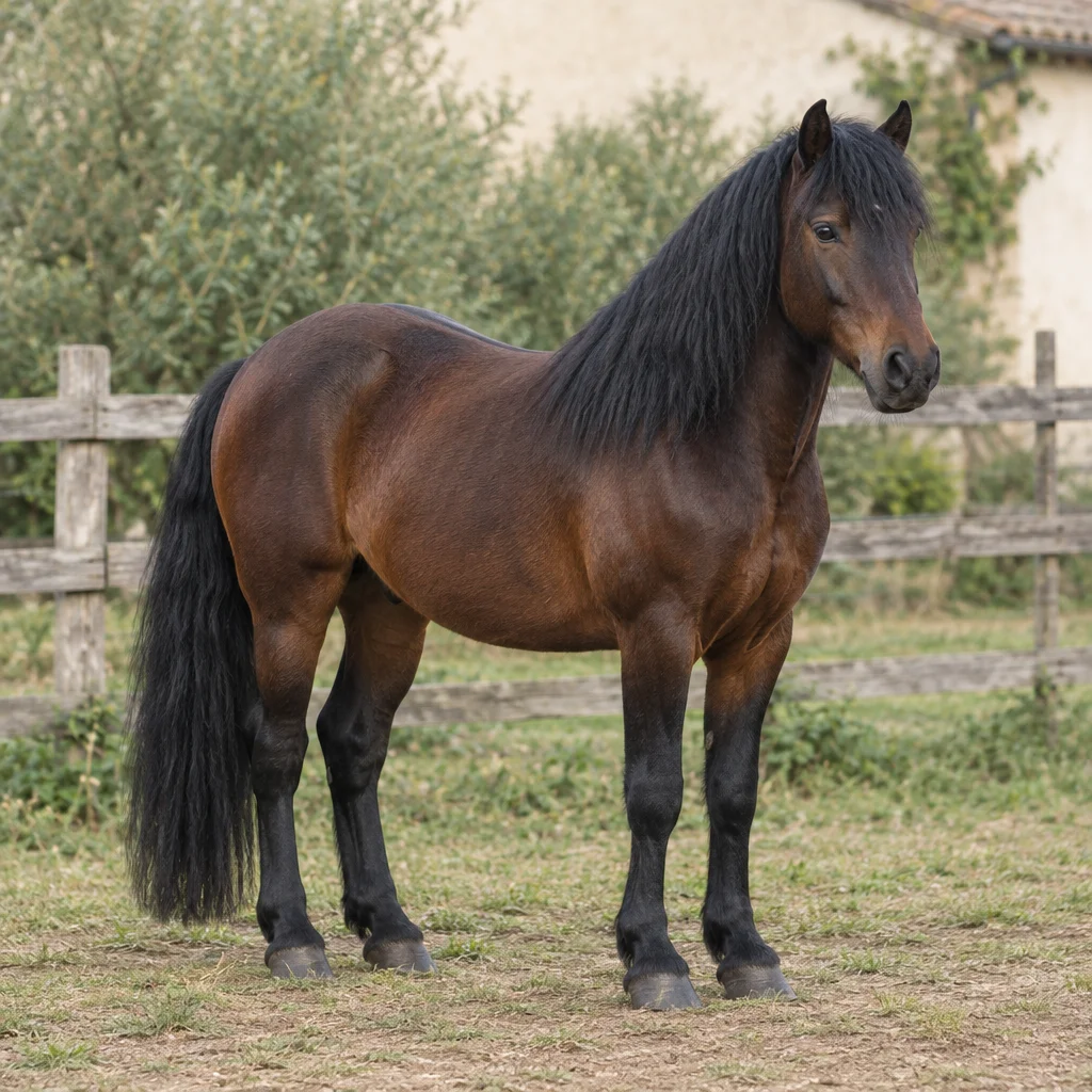 Ein dunkelbraunes Pferd mit schwarzer Mähne und schwarzem Schweif steht vor einem Holzzaun; alle vier Hufe sind zu sehen.