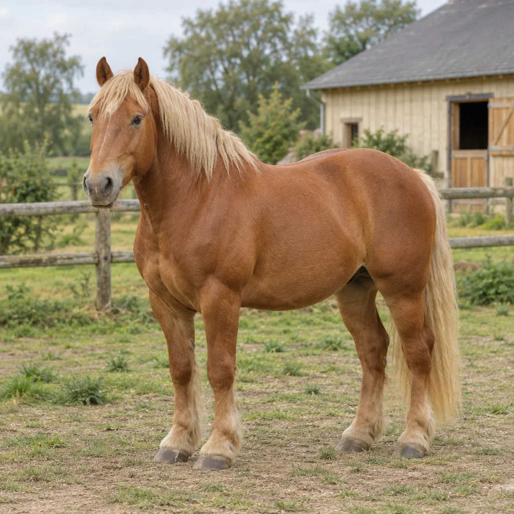 Braunes Zugpferd mit heller Mähne und hellem Schweif steht auf einer eingezäunten Weide bei einem Holzstall.
