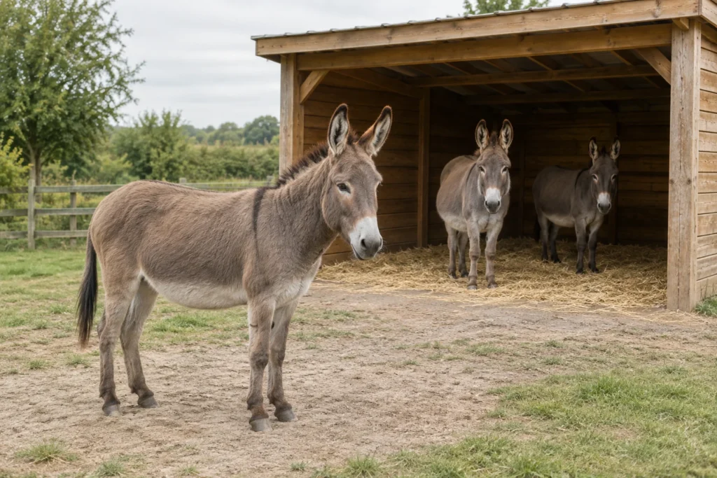 Drei Esel an einem offenen Unterstand aus Holz; einer steht davor und zwei stehen drinnen auf Stroh.