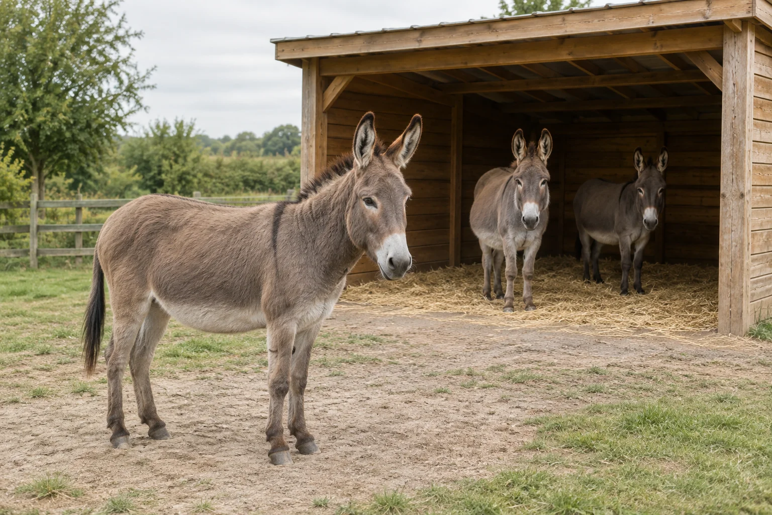 Drei Esel an einem offenen Unterstand aus Holz; einer steht davor und zwei stehen drinnen auf Stroh.