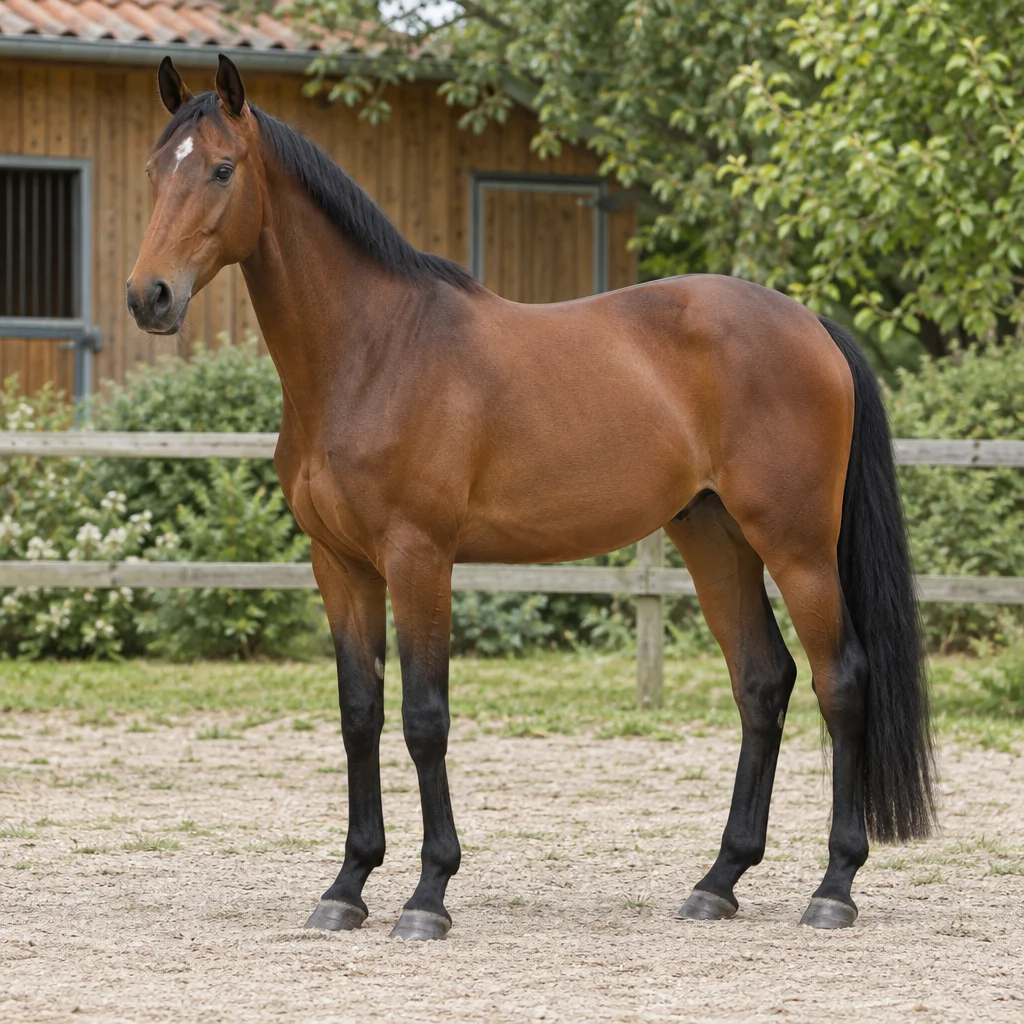 Braunes Pferd mit schwarzer Mähne, schwarzem Schweif und schwarzen Unterschenkeln steht mit allen vier sichtbaren Hufen neben einem Holzstall und einem Zaun.