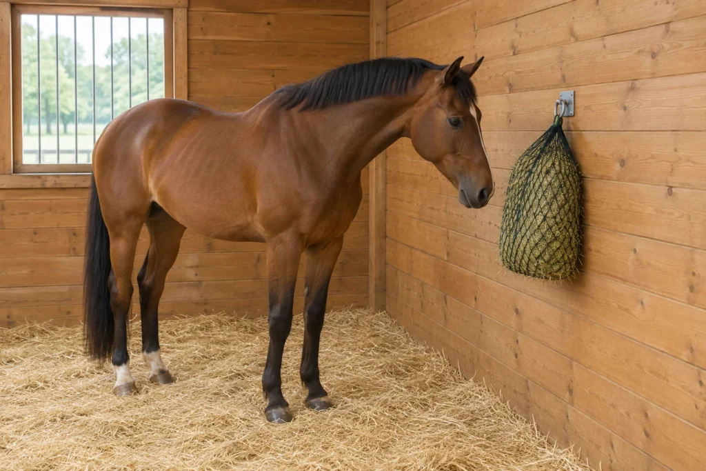Braunes Pferd in einem Stall neben einem an der Wand befestigten Heunetz mit Heu.