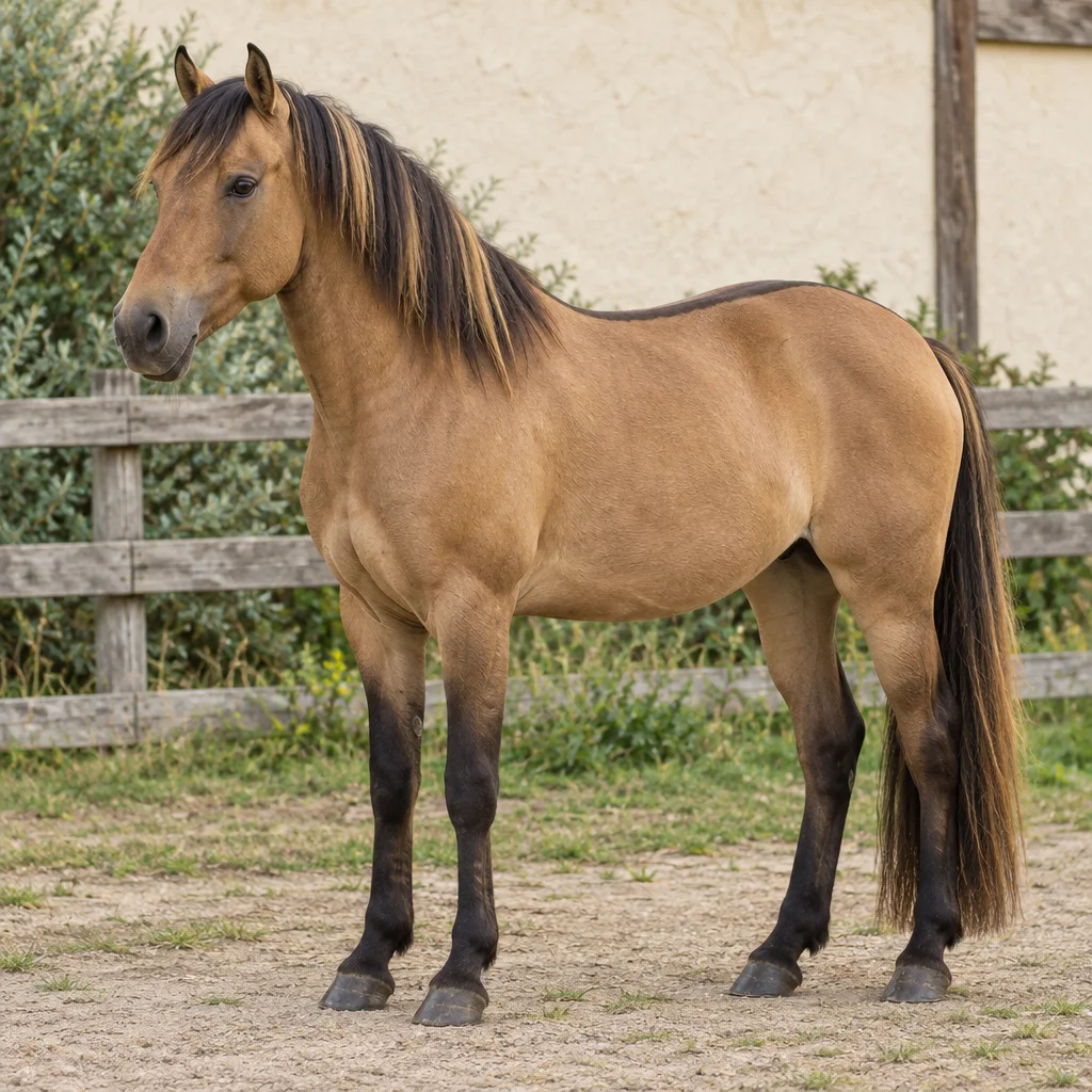 Illustration eines sandbraunen Pferdes mit dunklen Beinen, einer schwarzen Mähne mit goldfarbenen Haaren und einem dunklen Rückenstreifen an einem Holzzaun.
