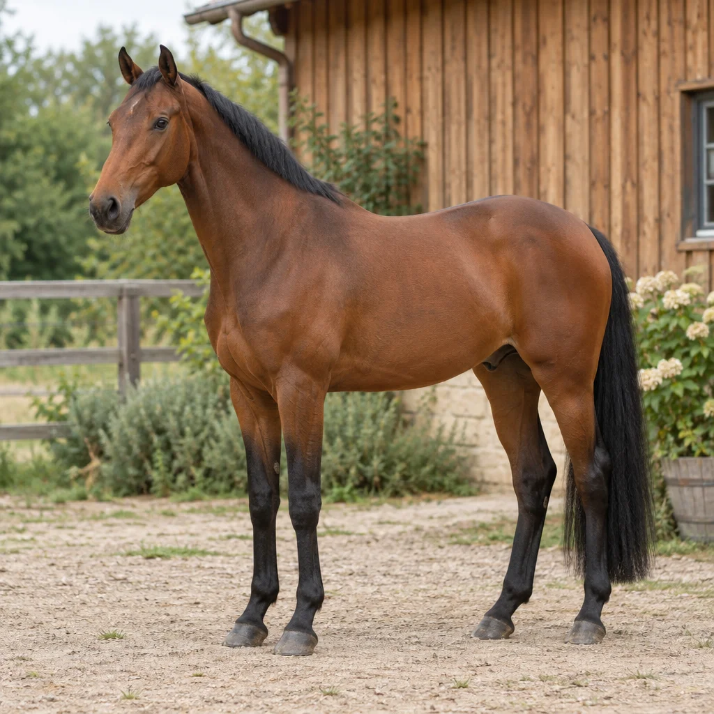 Braunes Pferd mit schwarzer Mähne, schwarzem Schweif und schwarzen Unterschenkeln steht vollständig sichtbar bei einem Holzstall.