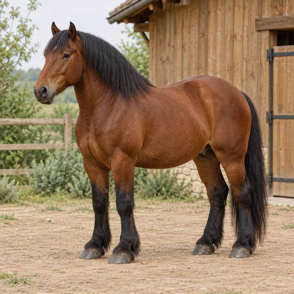 Braunes Zugpferd mit schwarzer Mähne, schwarzem Schweif und schwarzen Unterschenkeln steht vollständig sichtbar vor einem Holzstall.
