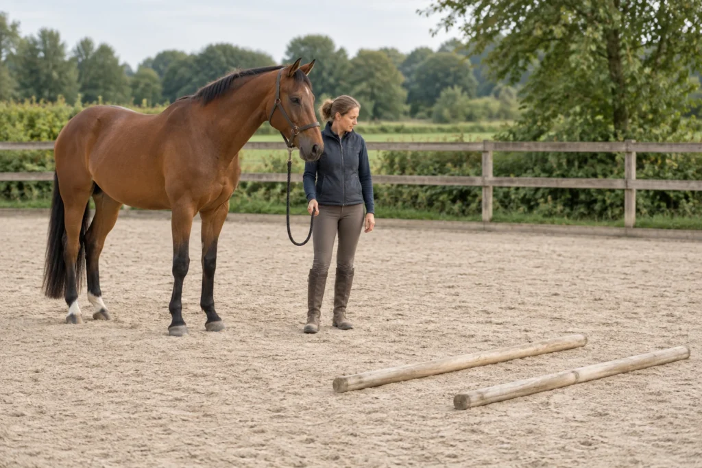 Eine Begleitperson steht mit einem braunen Pferd neben zwei Bodenstangen aus Holz auf einem Reitplatz.