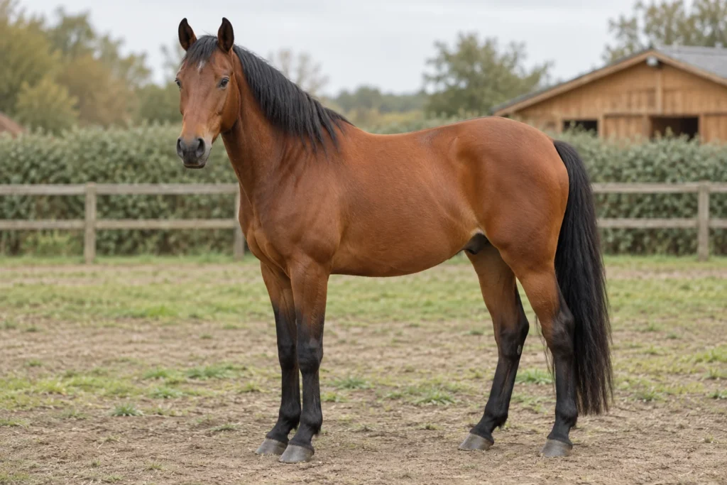 Braunes Pferd mit schwarzer Mähne, schwarzem Schweif und dunklen unteren Beinpartien steht mit allen vier sichtbaren Hufen in einem Paddock.