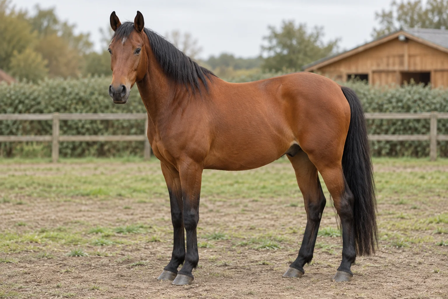 Braunes Pferd mit schwarzer Mähne, schwarzem Schweif und dunklen unteren Beinpartien steht mit allen vier sichtbaren Hufen in einem Paddock.