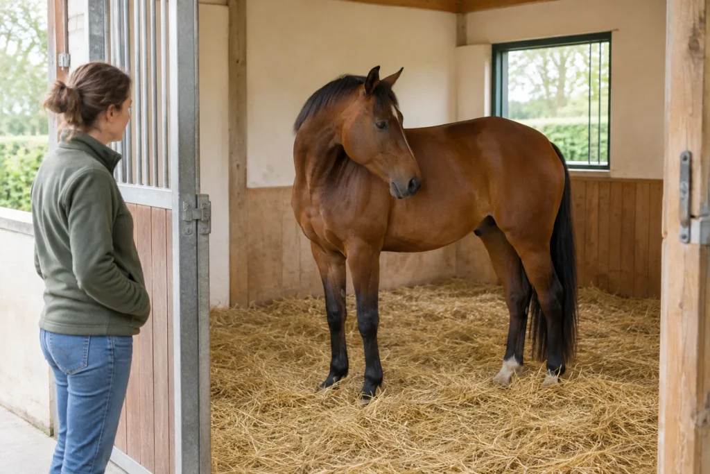 Ein braunes Pferd steht in einem Stall auf Stroh und schaut zu seiner Flanke, während eine Betreuungsperson von der Tür aus zusieht.