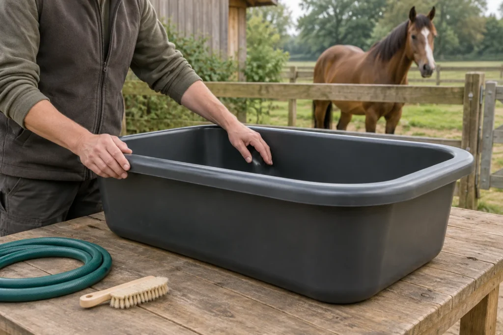 Eine Person prüft mit der Hand den Rand und die Innenseite eines leeren dunklen Wasserbehälters auf einem Holztisch. Daneben liegen ein Gartenschlauch und eine Bürste; hinter einem Zaun steht ein Pferd.