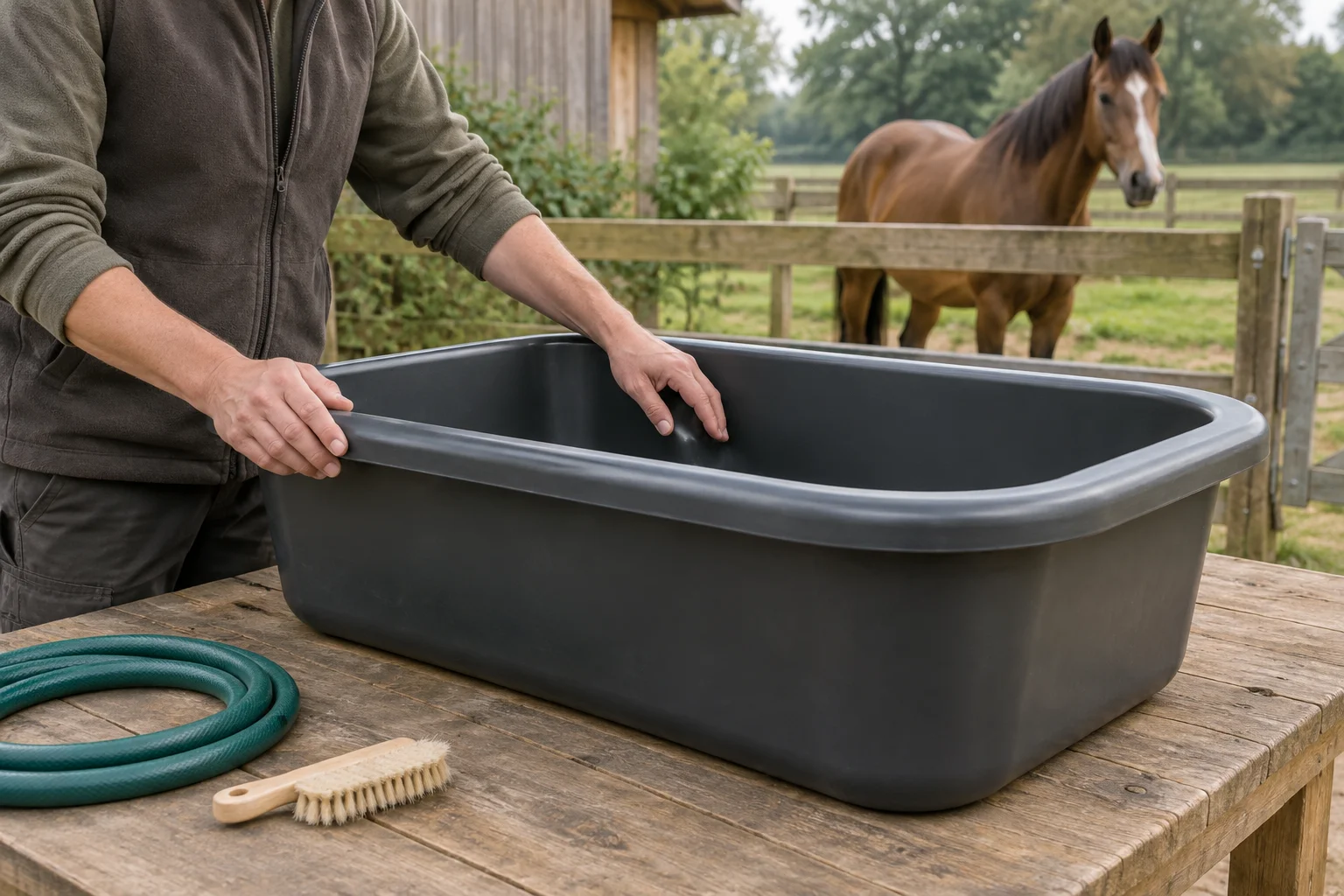 Eine Person prüft mit der Hand den Rand und die Innenseite eines leeren dunklen Wasserbehälters auf einem Holztisch. Daneben liegen ein Gartenschlauch und eine Bürste; hinter einem Zaun steht ein Pferd.