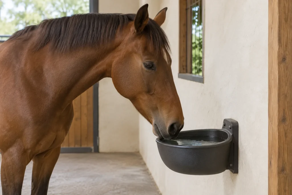 Braunes Pferd mit der Nase an einem wassergefüllten Tränkebecken an der Stallwand.