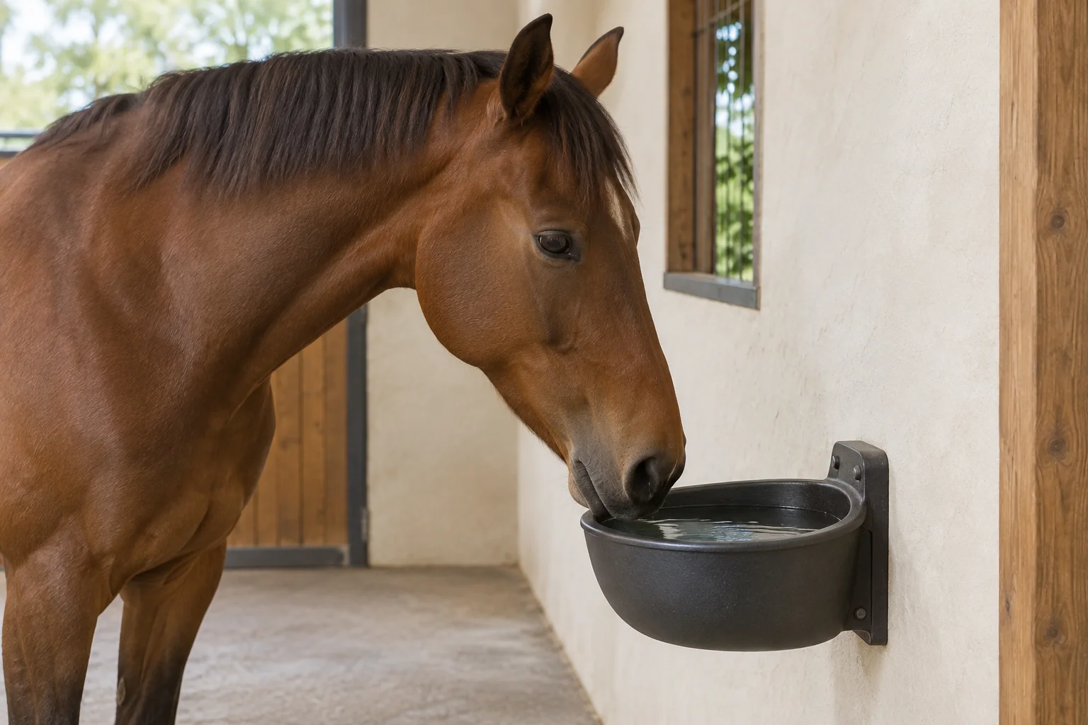 Braunes Pferd mit der Nase an einem wassergefüllten Tränkebecken an der Stallwand.