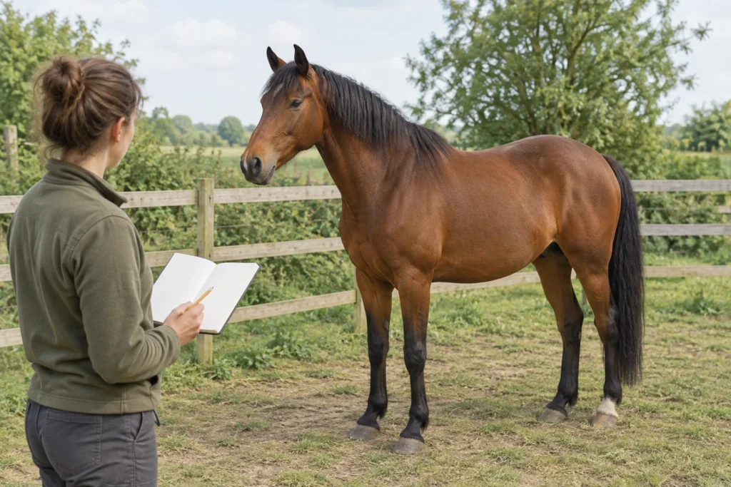 Ein braunes Pferd steht in einem umzäunten Paddock, während jemand mit einem leeren Notizbuch das Pferd betrachtet.