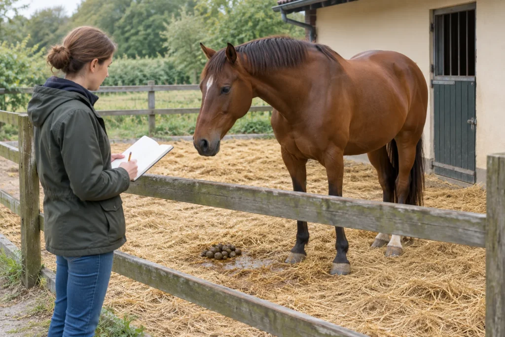 Ein braunes Pferd steht an einem Holzzaun. Eine Frau hält ein aufgeschlagenes Notizbuch; auf der Einstreu liegen Kotballen neben einer nassen Stelle.