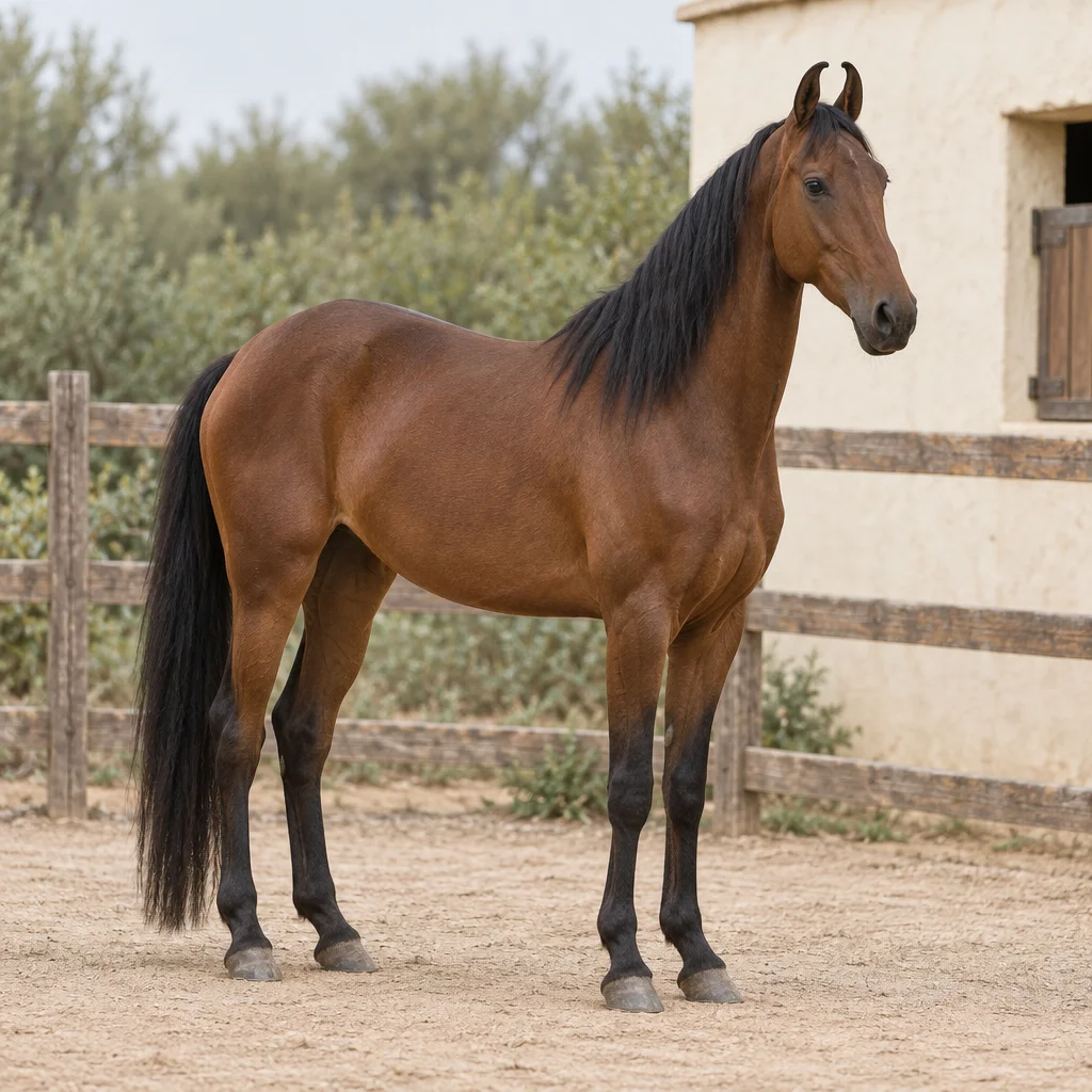 Braunes Pferd mit schwarzer Mähne, nach innen gebogenen Ohren und vier sichtbaren Hufen in einem eingezäunten Paddock.