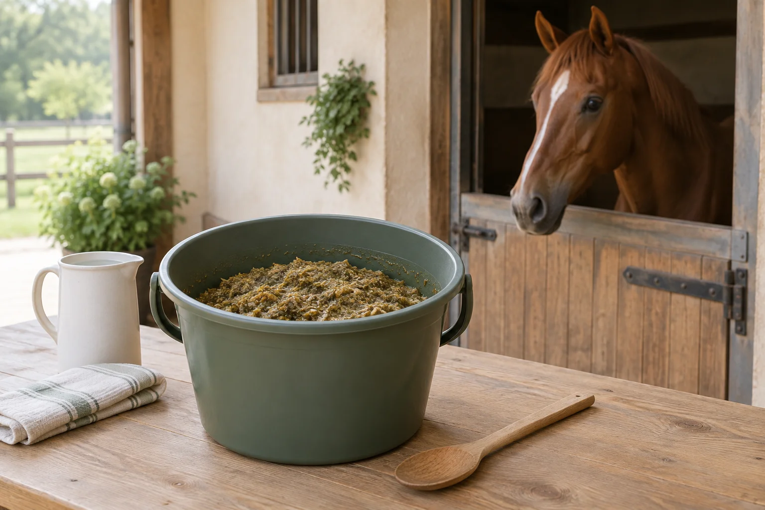 Eimer mit feuchtem Slobber auf einem Holztisch, daneben eine Wasserkanne, ein Tuch und ein Holzlöffel. Ein fuchsfarbenes Pferd schaut aus dem Stall zu.