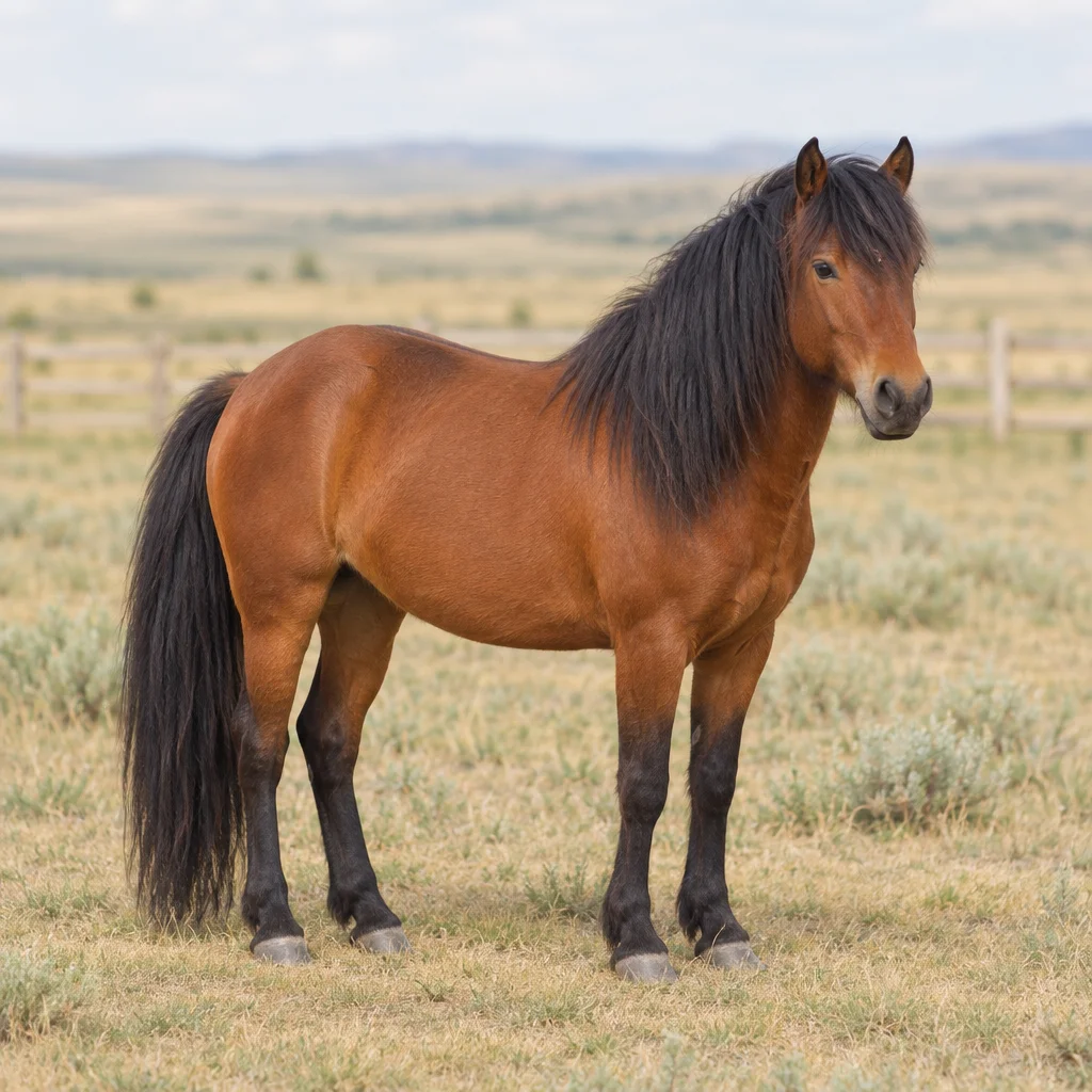 Illustration eines kompakten braunen Mongolischen Pferdes mit dunkler Mähne, dunklem Schweif und dunklen Unterschenkeln auf einer Grasfläche.