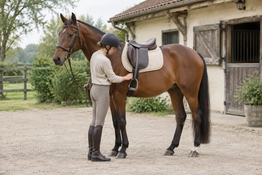 Ein Reiter mit Helm steht neben einem braunen gesattelten Pferd und prüft auf einem Hof den Steigbügelriemen.