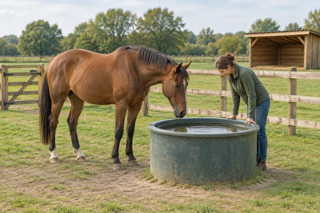 Eine Frau prüft das Wasser in einem Tränketrog neben einem Pferd auf einer eingezäunten Weide. Im Hintergrund steht ein Unterstand.