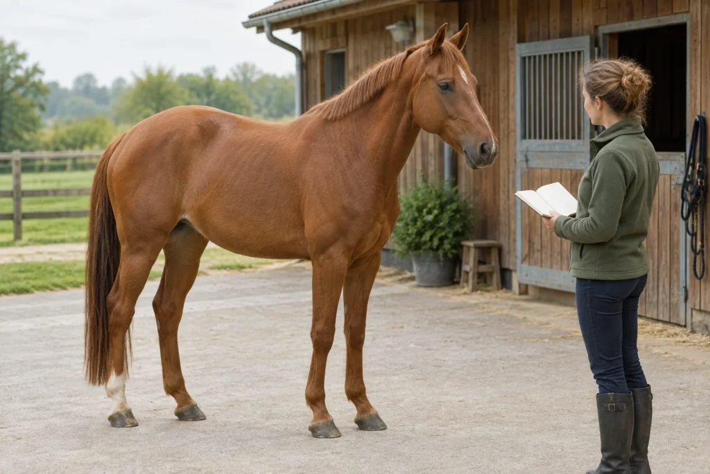 Ein fuchsfarbenes Pferd steht auf dem Hof neben einer Frau mit einem aufgeschlagenen Notizbuch.