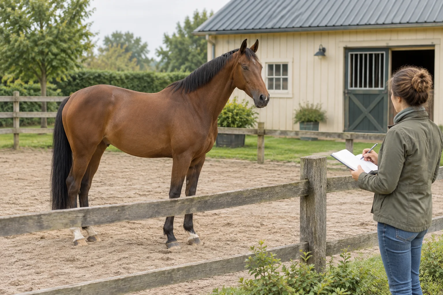 Ein braunes Pferd steht in einem Paddock, während eine Person auf der anderen Seite des Zauns in ein Notizbuch schreibt.