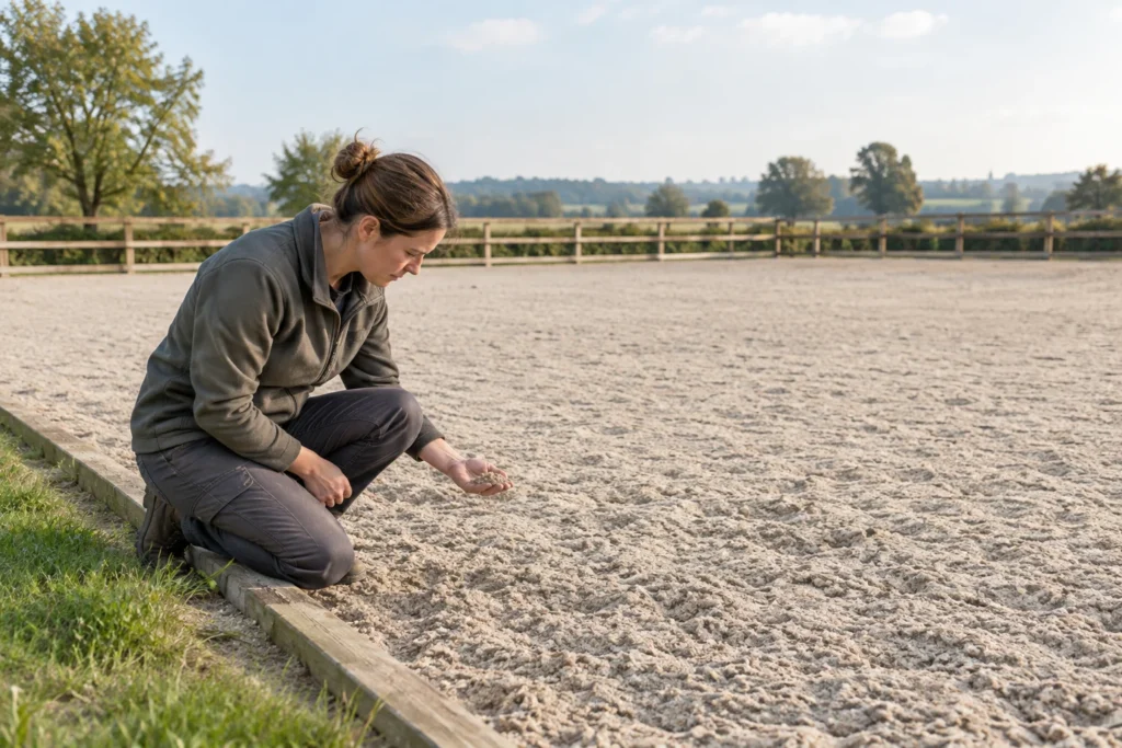 Eine Person kniet am Rand eines umzäunten Reitplatzes und hält etwas Sand vom Boden in der Hand.