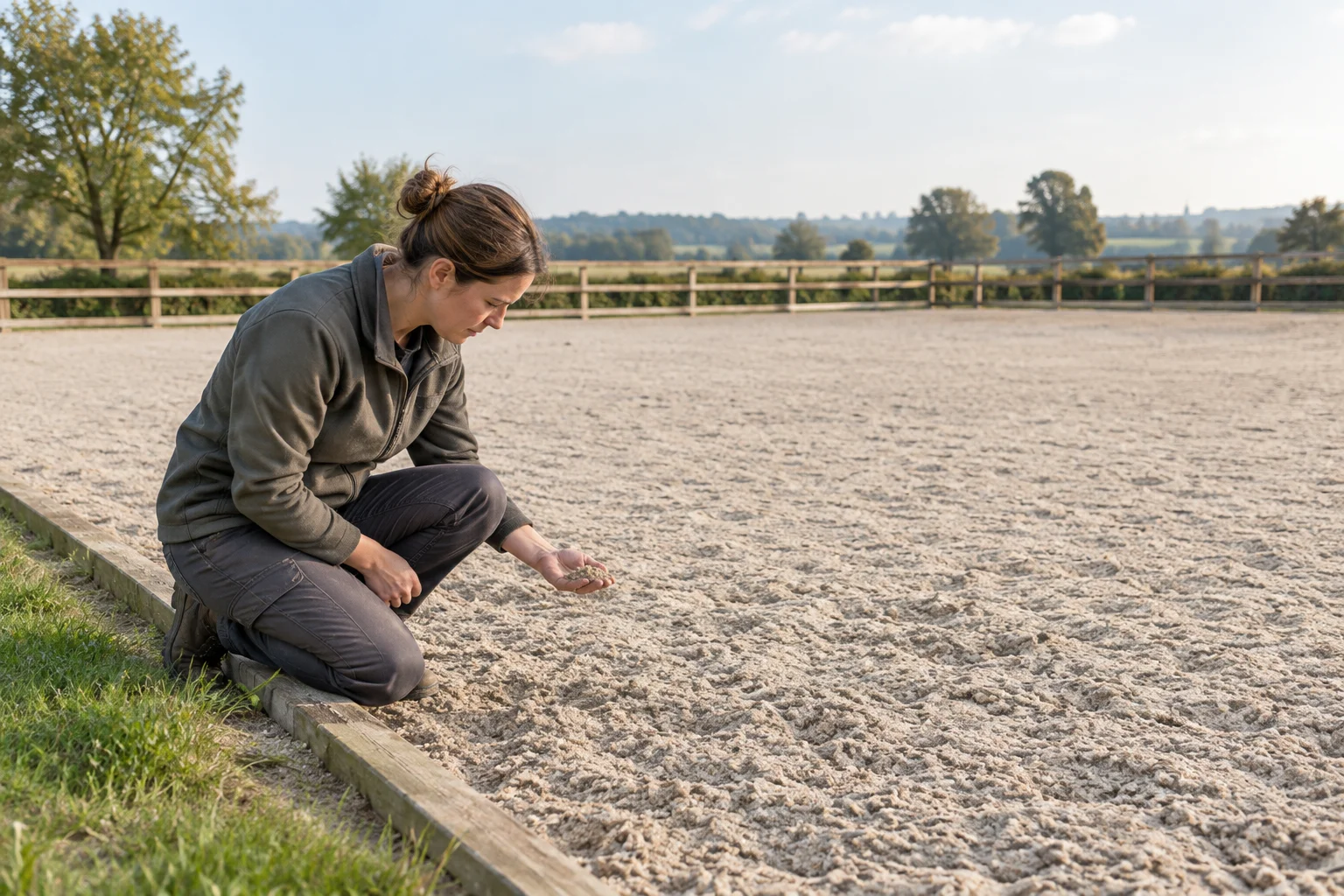 Eine Person kniet am Rand eines umzäunten Reitplatzes und hält etwas Sand vom Boden in der Hand.