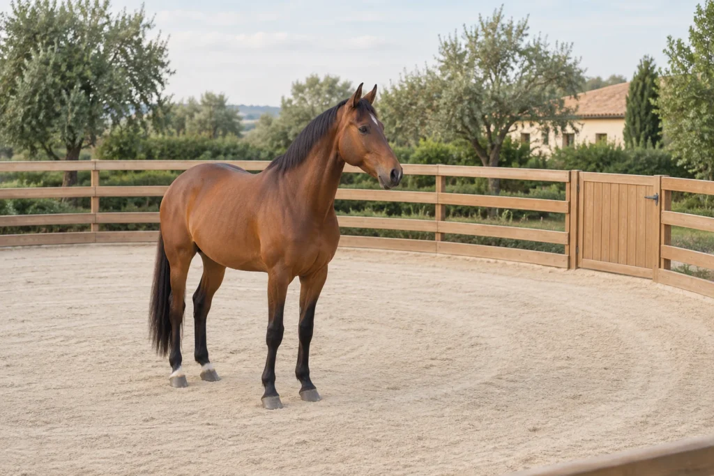 Braunes Pferd steht auf Sand innerhalb einer runden Holzeinzäunung mit geschlossenem Tor.