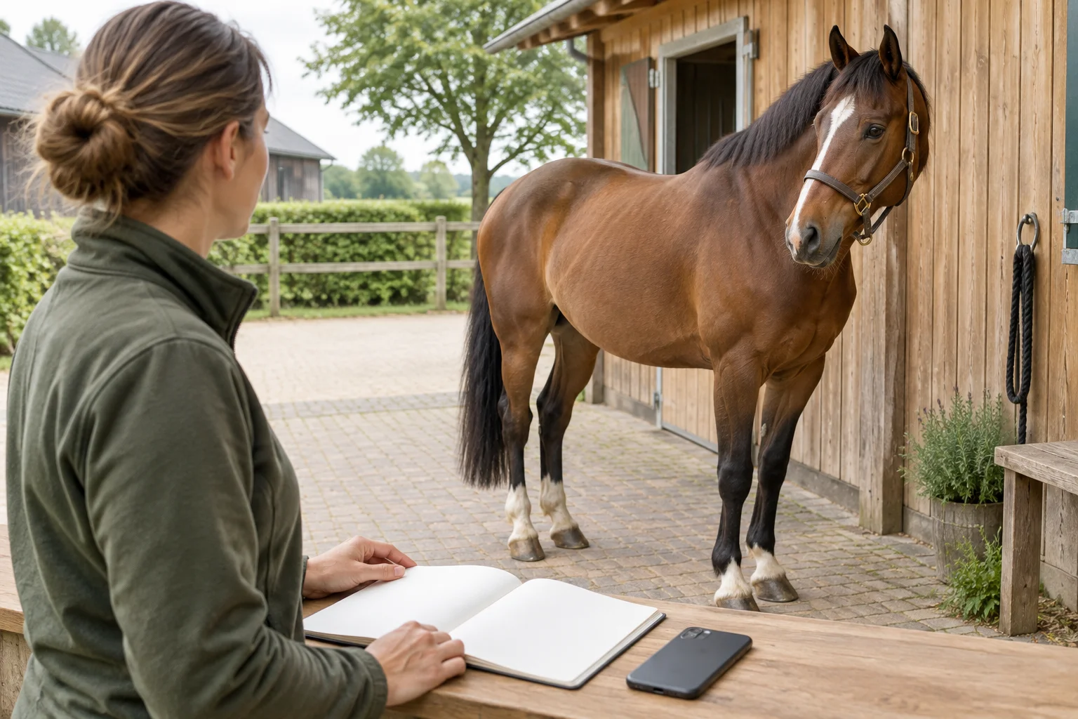 Ein Pferd steht an einem Holzstall, während eine Person mit einem leeren Notizbuch und einem Telefon an einem Tisch sitzt.