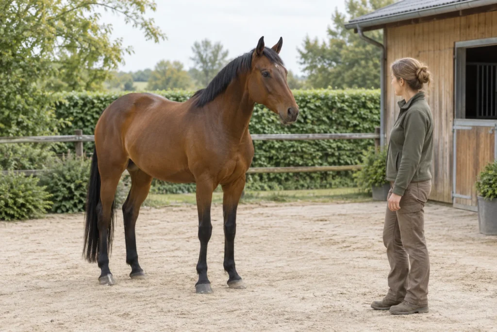 Ein braunes Pferd steht mit allen vier sichtbaren Hufen auf einem Hof und blickt zu einer Person an einem Holzstall.