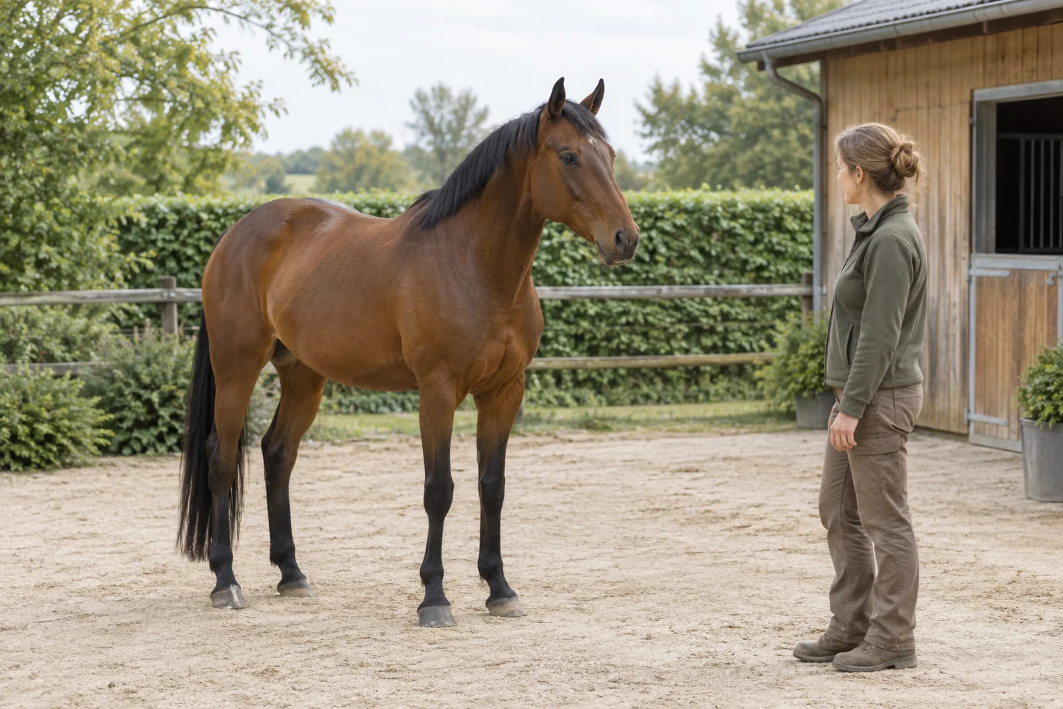 Ein braunes Pferd steht mit allen vier sichtbaren Hufen auf einem Hof und blickt zu einer Person an einem Holzstall.