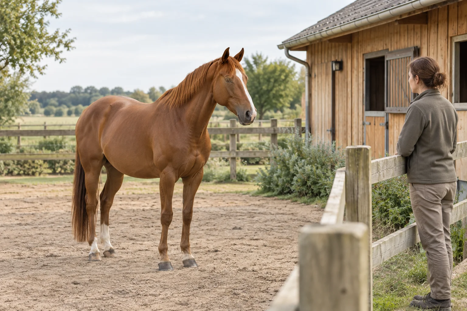Ein fuchsfarbenes Pferd steht in einem eingezäunten Paddock, während eine Person vom Zaun aus zu ihm hinübersieht. Im Hintergrund steht ein Holzstall.