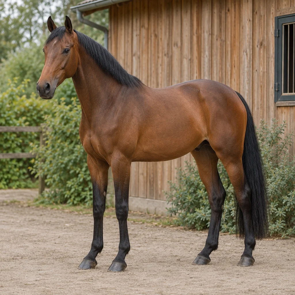 Braunes Pferd mit schwarzer Mähne, schwarzem Schweif und schwarzen Unterschenkeln steht vollständig sichtbar auf einem Hof neben einem Holzstall.