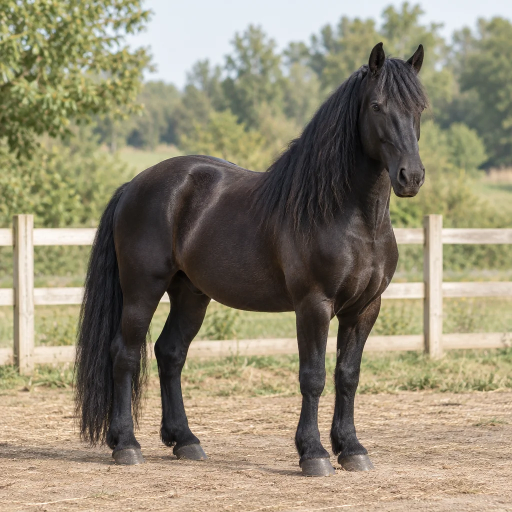 Ein schwarzes Pferd steht mit allen vier sichtbaren Hufen an einem Holzzaun, im Hintergrund sind Bäume zu sehen.