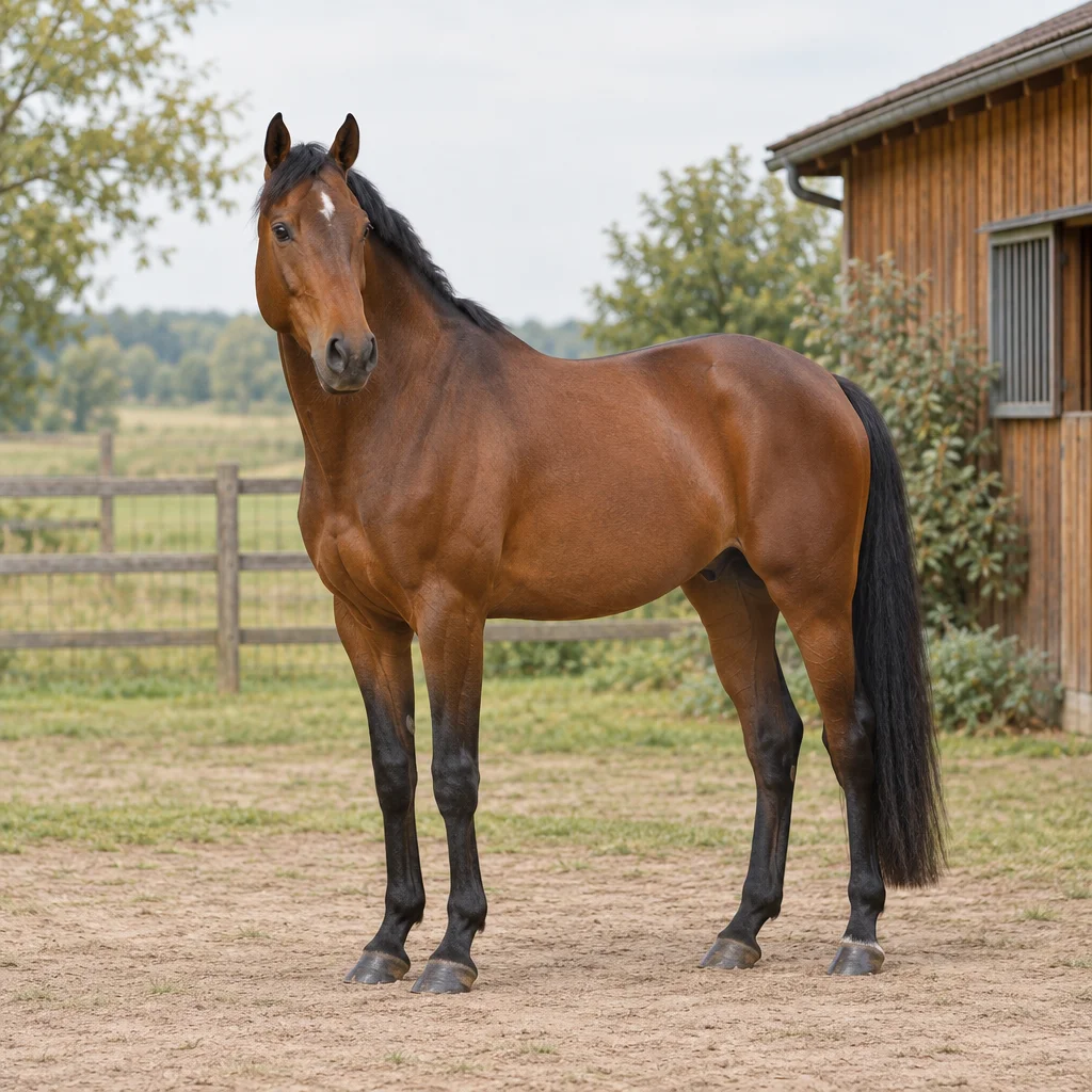 Ein braunes Pferd mit schwarzer Mähne und schwarzem Schweif steht mit vollständig sichtbarem Körper vor einem Holzstall.