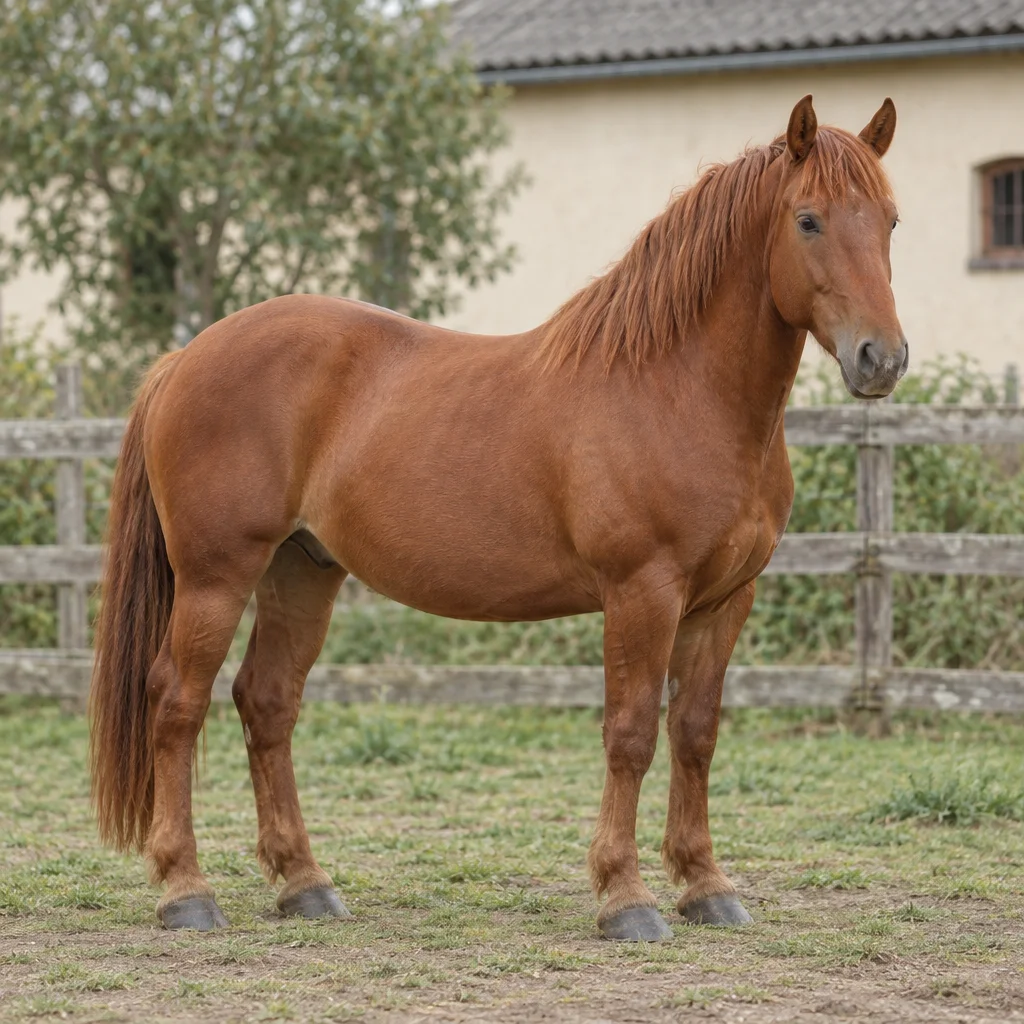 Ein kastanienbraunes Pferd steht mit allen vier sichtbaren Hufen auf einer eingezäunten Weide, im Hintergrund befindet sich ein helles Stallgebäude.