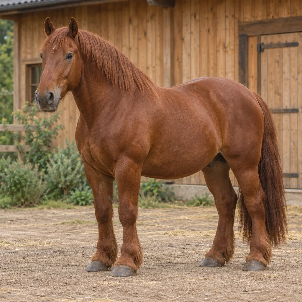 Kastanienbraunes, kräftig gebautes Pferd steht mit allen vier sichtbaren Hufen auf einem Hof vor einem Holzstall.