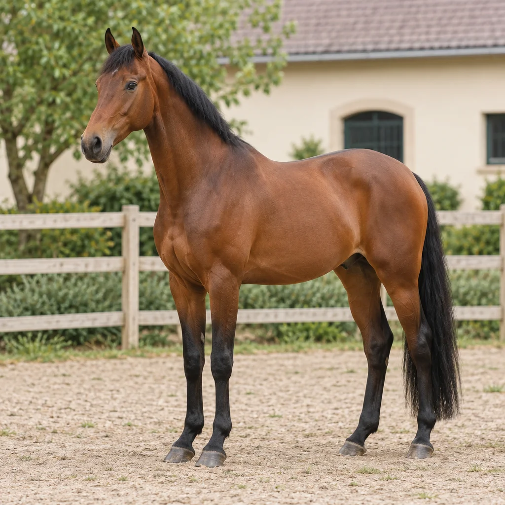 Braunes Pferd mit schwarzer Mähne und schwarzem Schweif steht vollständig sichtbar in einem eingezäunten Paddock, mit Bäumen und einem hellen Stallgebäude im Hintergrund.