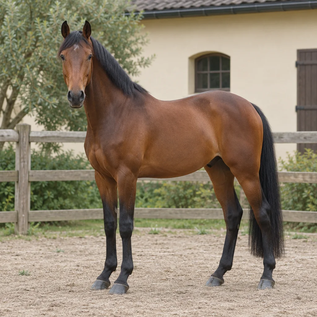Braunes Pferd mit schwarzer Mähne, schwarzem Schweif und schwarzen Unterschenkeln steht mit allen vier sichtbaren Hufen vor einem Holzzaun und einem hellen Stall.