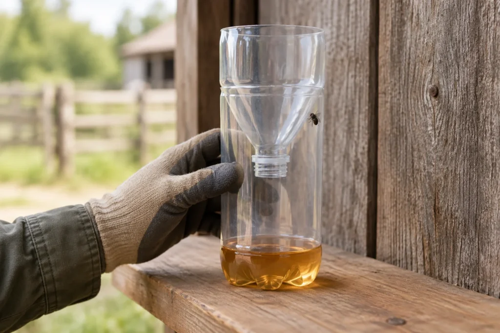 Eine behandschuhte Hand hält eine durchsichtige Flasche mit einem umgedrehten Flaschenoberteil als Trichter. Unten befindet sich eine dünne Schicht Flüssigkeit; außen sitzt eine Fliege.