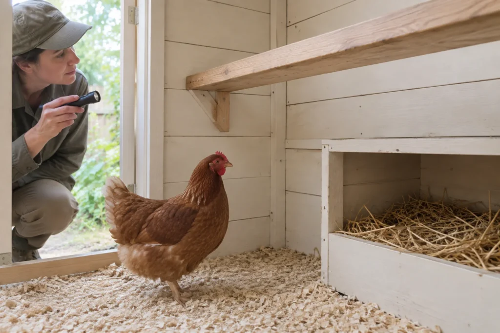 Eine Person leuchtet mit einer Taschenlampe in einen Hühnerstall, in dem ein braunes Huhn neben einem mit Stroh gefüllten Legenest steht.