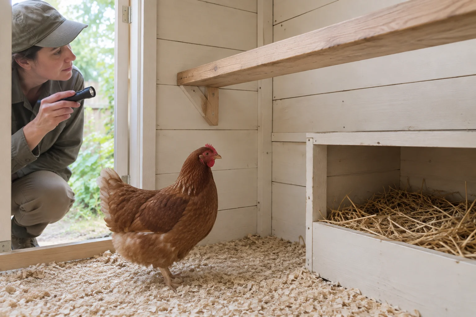 Eine Person leuchtet mit einer Taschenlampe in einen Hühnerstall, in dem ein braunes Huhn neben einem mit Stroh gefüllten Legenest steht.